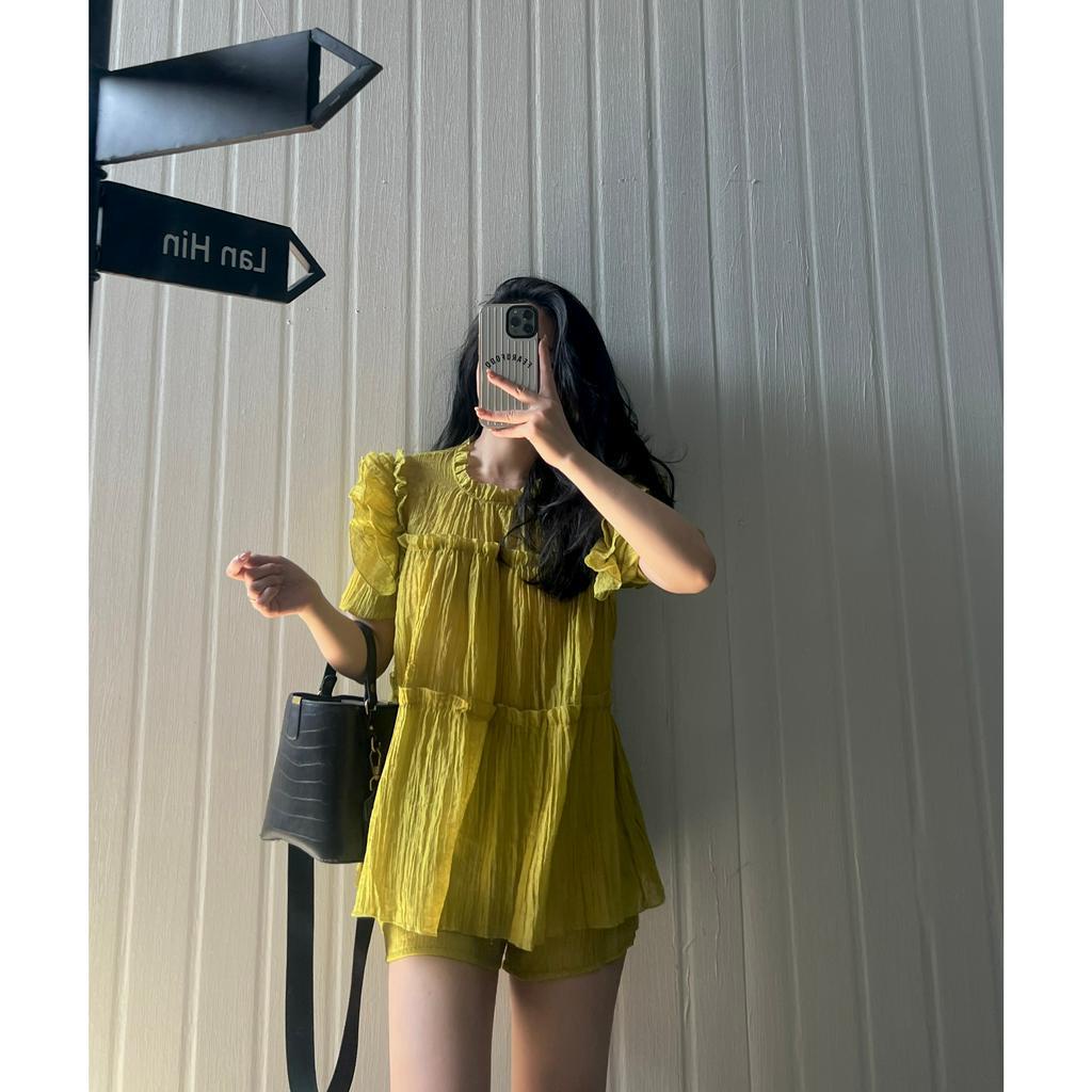 Set Tơ Nhăn Mỏng viền bèo + quần 2 lớp cạp chun