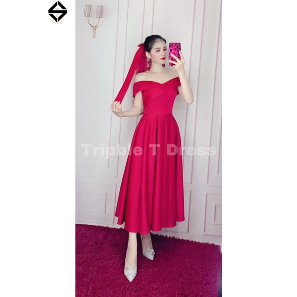 Đầm xoè cưới bẹt vai xếp ly form ngắn tặng kèm lúp nơ y hình TRIPBLE T DRESS - size S/M/L - MS182Y