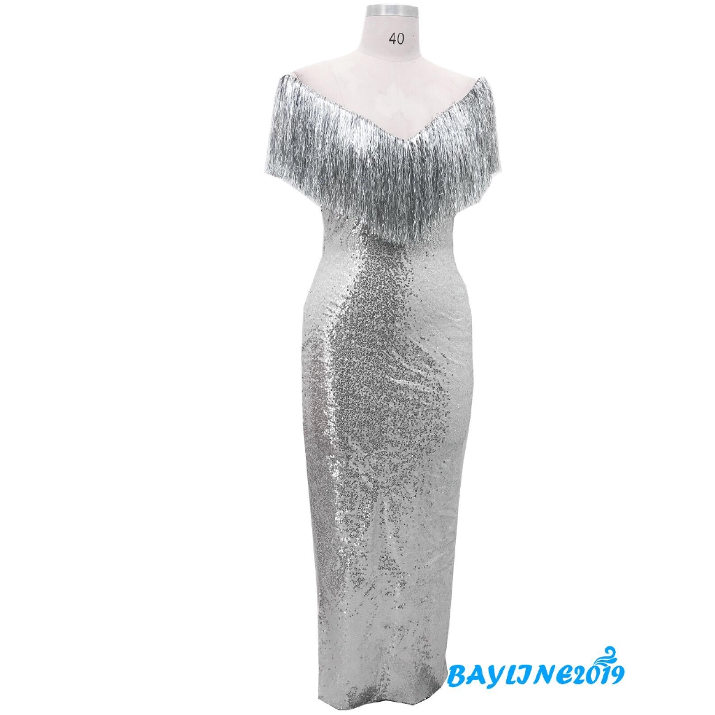 Đầm bó trễ vai cổ chữ V đính kim tuyến lấp lánh phối tua rua sang trọng dành cho nữ