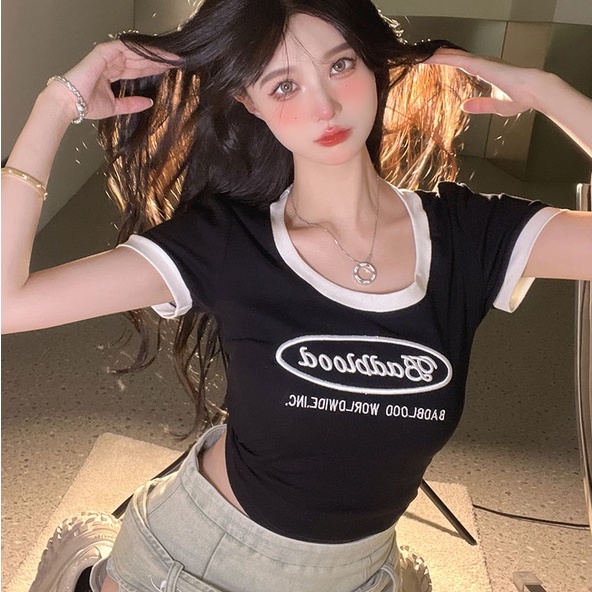 Áo thun dệt kim ZHELIHANGFEI tay ngắn in chữ thời trang cá tính cho nữ