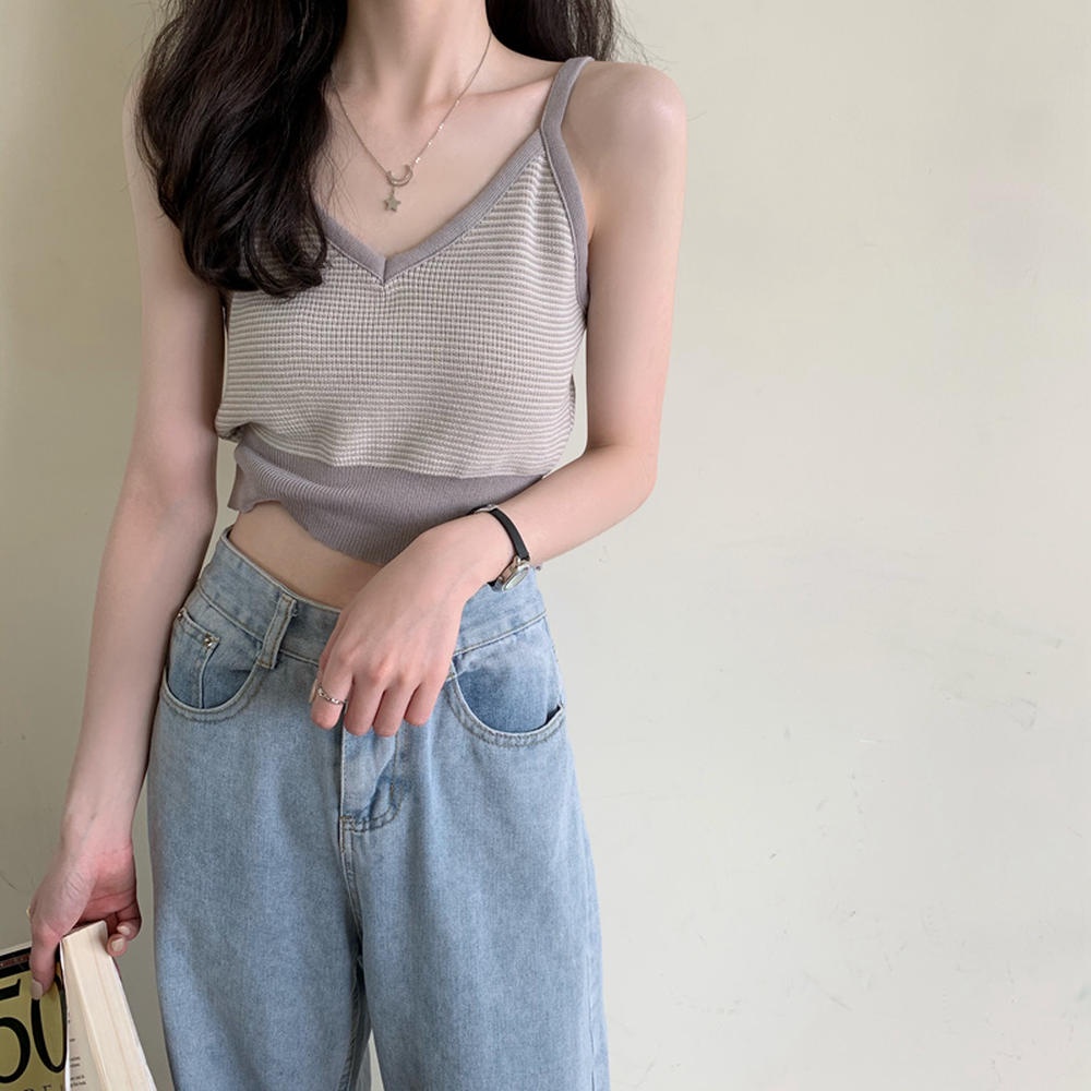 Áo Hai Dây Dệt Kim Cổ Chữ V Họa Tiết Kẻ Sọc Màu Sắc Thời Trang Mùa Hè 50061