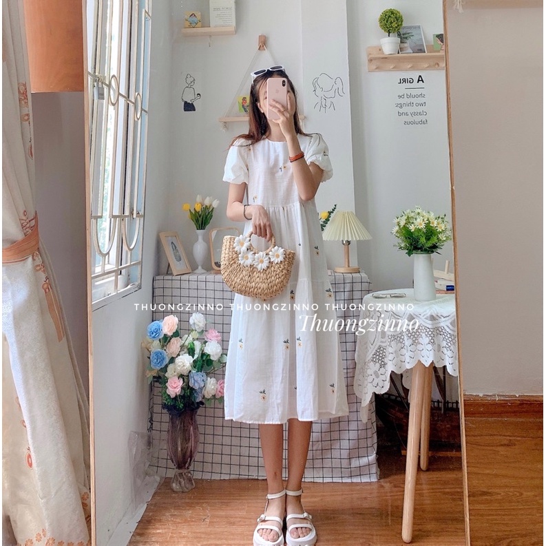 [Ảnh thật/Video] Đầm Váy Hoa Cúc Xinh Đẹp thiết kế Tay Bồng Chất Liệu Lụa Hàn Mềm Mịn