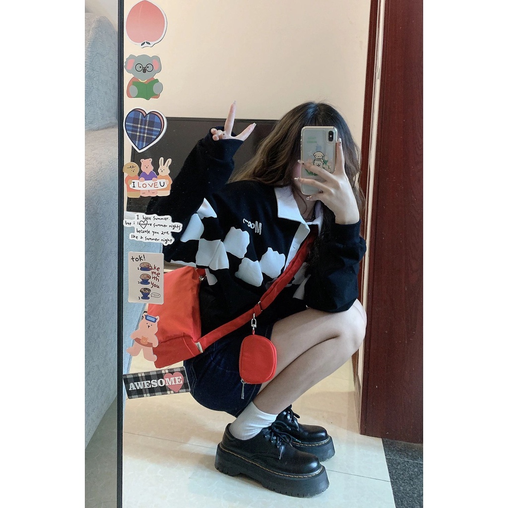 Áo Khoác Polo Dài Tay Dáng Rộng Họa Tiết Ca Rô Đen Trắng Thời Trang Mùa Thu Dành Cho Nữ