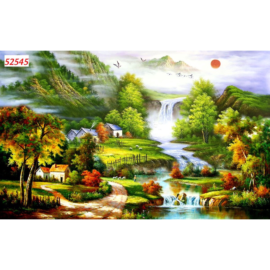 Tranh Đồng Quê Vải Lụa 3D Dán Tường Cao Cấp