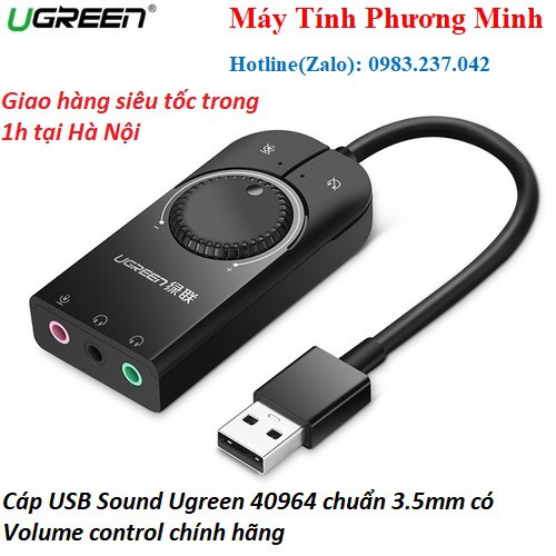 Cáp chuyển USB sang 3.5mm Loa và Mic UGREEN 40964  - Cáp USB Sound Ugreen 40964 chuẩn 3.5mm có Volume control chính hãng