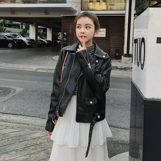 Áo khoác da nữ cổ bẻ dáng rộng
