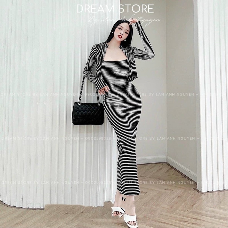 Set Đầm Body 2 Dây Dáng Dài Kèm Khoác, Set Đầm Body Kẻ sọc