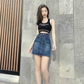 Chân váy jean dáng A tua rua kiểu nắp túi hộp lcs đủ size