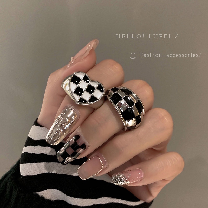 Nhẫn Bạc Họa Tiết Bàn Cờ/Trái Tim Thời Trang Cho Nữ