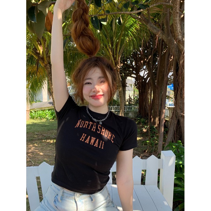 Pphome Áo Thun Tay Ngắn Cổ Cao Dáng Ôm Vừa Vặn In Chữ Màu Trắng Phong Cách Retro Mỹ Ngọt Ngào Mùa Hè