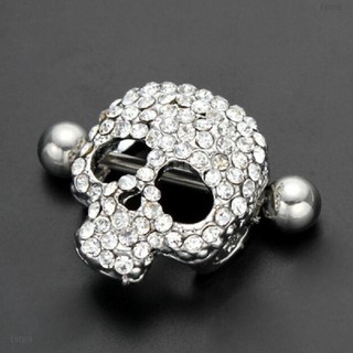 (Eetmo) Crystal Skull Shaped Nipple Shield Nipple Ring Steel Barbell Piercing 14G
