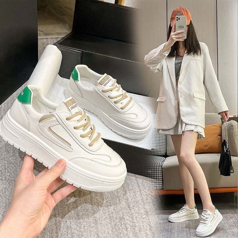 Giày Thể Thao Da Mềm Đế Dày Mũi Tròn Phối Màu Tương Phản Phong Cách Hàn Quốc Cho Nữ