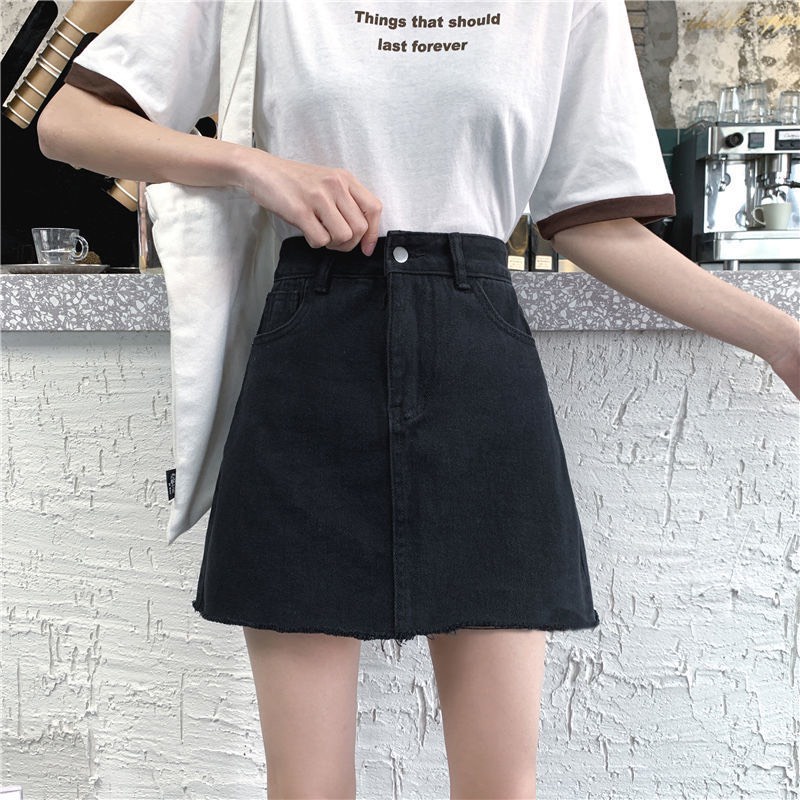 Chân váy jean chữ a dáng ngắn vải bò cạp cao tôn dáng phong cách Hàn Quốc A2