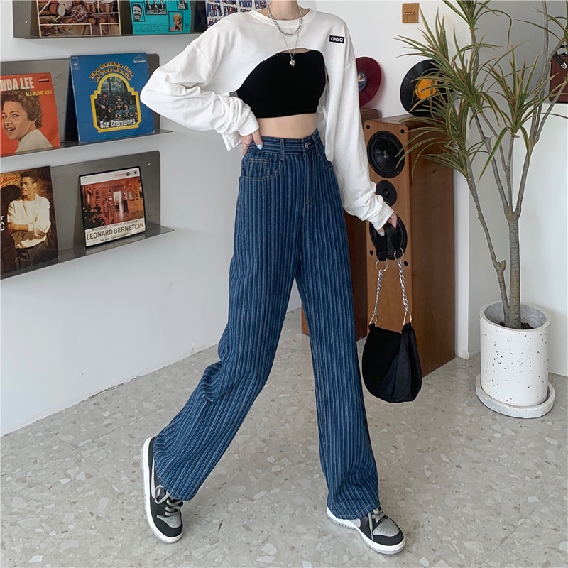 Quần jean nữ ống rộng lưng cao kẻ sọc phong cách Hàn Quốc