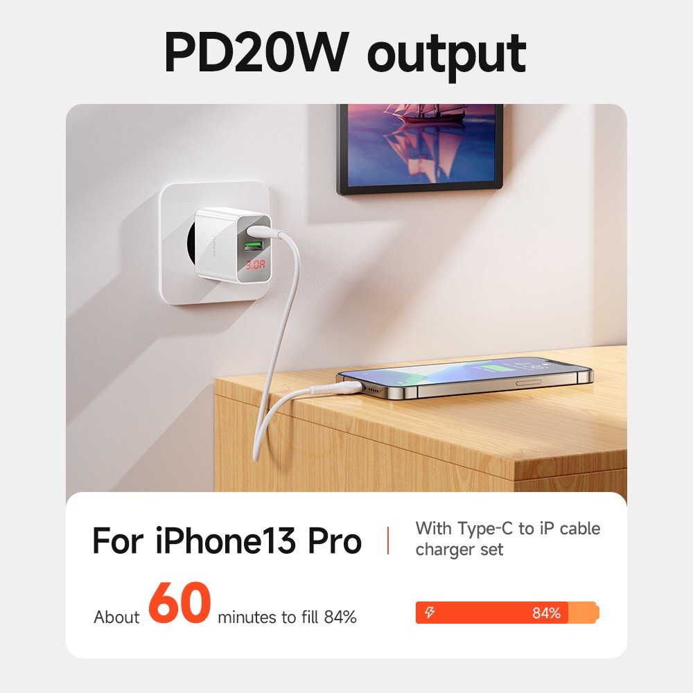 Củ sạc nhanh Hoco C100A có Cổng USB C 20W PD 4.0 3.0 USB Type C thích hợp, Đèn LED Hiển Thị Dòng Điện Khi Dùng.