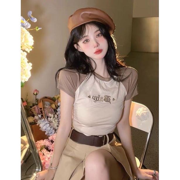 Áo croptop GB TRÁI TIM tay ngắn phối màu cổ tròn siêu xinh cho Nữ - alohashop91