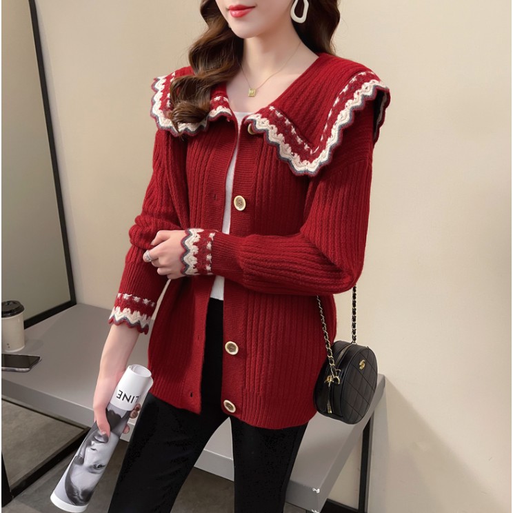 Áo khoác cardigan dệt kim cổ búp bê dáng rộng phong cách dân tộc thời trang mùa thu mới 2021 cho nữ