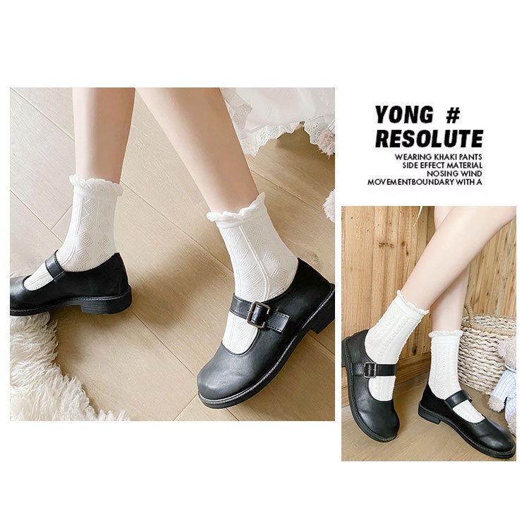 Tất Nữ Nhún Trắng Cổ Cao gân tăm Phong Cách Vintage Hàn Quốc TA057