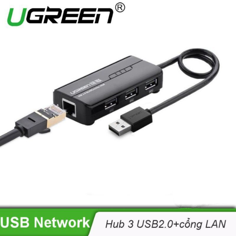 Bộ chia 3 cổng USB 2.0 kèm cổng mạng LAN 10/100/1000 Mbps cao cấp Ugreen 20264 CR103 - Hàng Chính Hãng