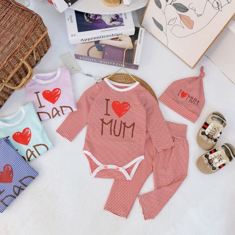 Body Dài Tay Sơ Sinh Kèm Quần Và Mũ Dad Mum, Body 3 Chi Tiết Cho Bé