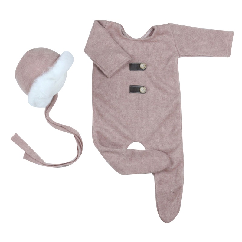 Bộ 2 Món Áo Liền Quần Dệt Kim + Mũ Beanie Dễ Thương Dùng Làm Phụ Kiện Chụp Ảnh Cho Bé Sơ Sinh