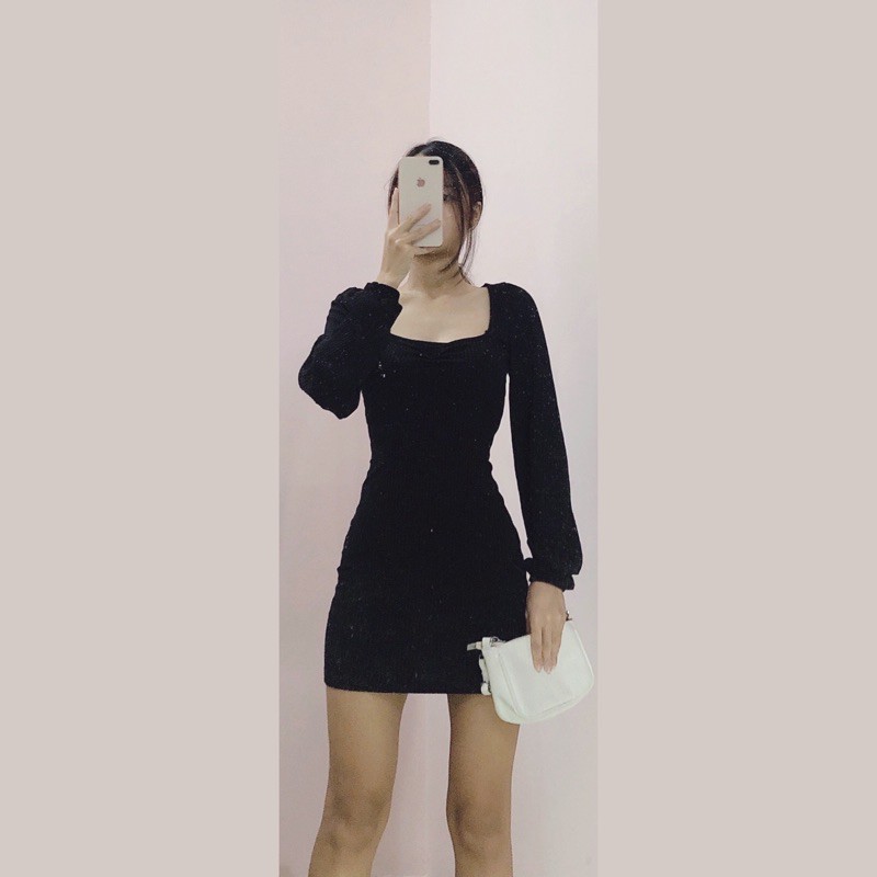 [ẢNH THẬT] [ORDER] Váy body cổ vuông tôn dáng màu đen chất tăm tay bồng nhẹ