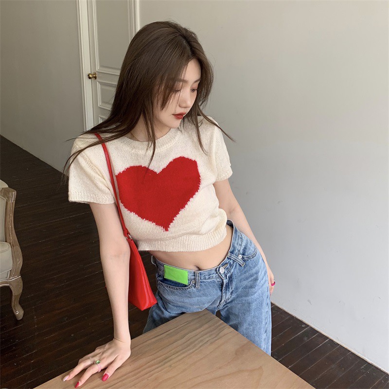 Áo Thun Dệt Kim Ngắn Tay In Hình Trái Tim Thời Trang Mùa Hè Cho Nữ