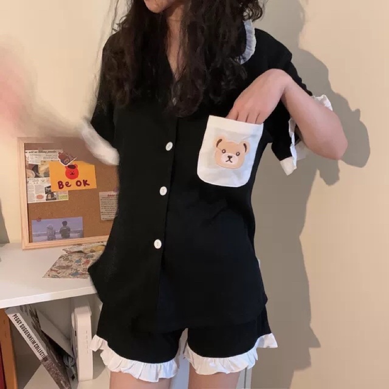 Set đồ ngủ pyjama trắng đen tay bèo