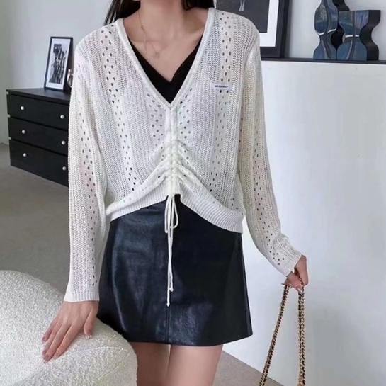 ZHELIHANGFEI Áo Len Tay Dài Cổ Chữ V Phối Dây Rút Thời Trang Cho Nữ