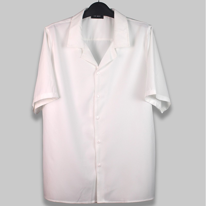 Áo sơ mi Trắng Cổ Vest ngắn tay form rộng unisex nam nữ vải lụa