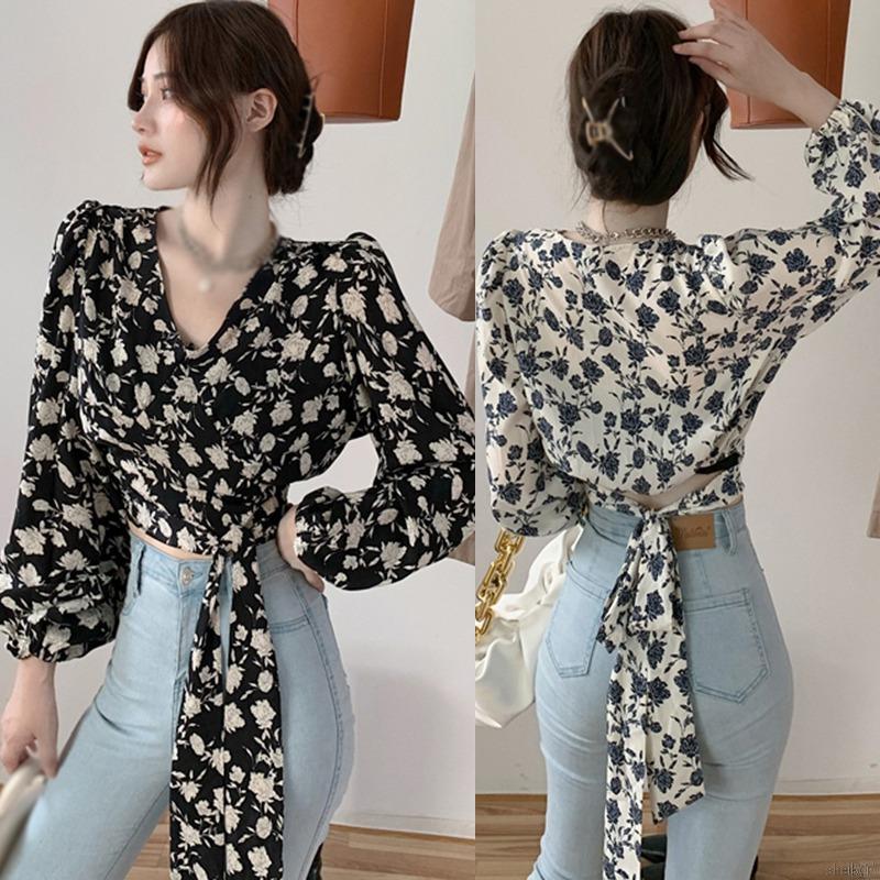 Áo Croptop Tay Dài Phối Dây Cột Hoa Thiết Kế Cổ V Gợi Cảm Cho Nữ Áo Sơ Mi