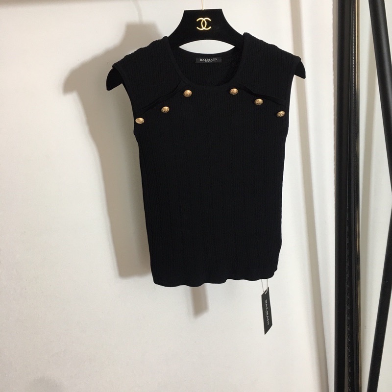 Áo len tăm mỏng ba lỗ vai đính khuy ánh kim sang trọng thương hiệu thời trang cao cấp Balmain