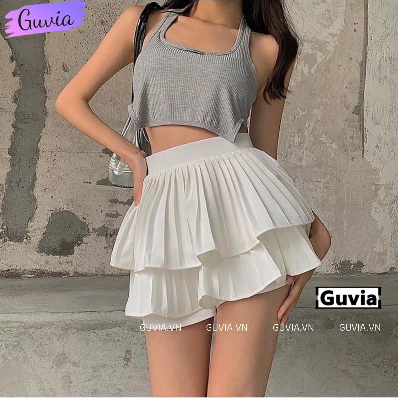 Chân Váy Xếp Ly 2 Tầng Phồng Dáng Ngắn Xòe Cao Cấp Lưng Cạp Cao ( Có Quần Trong ) GUVIA