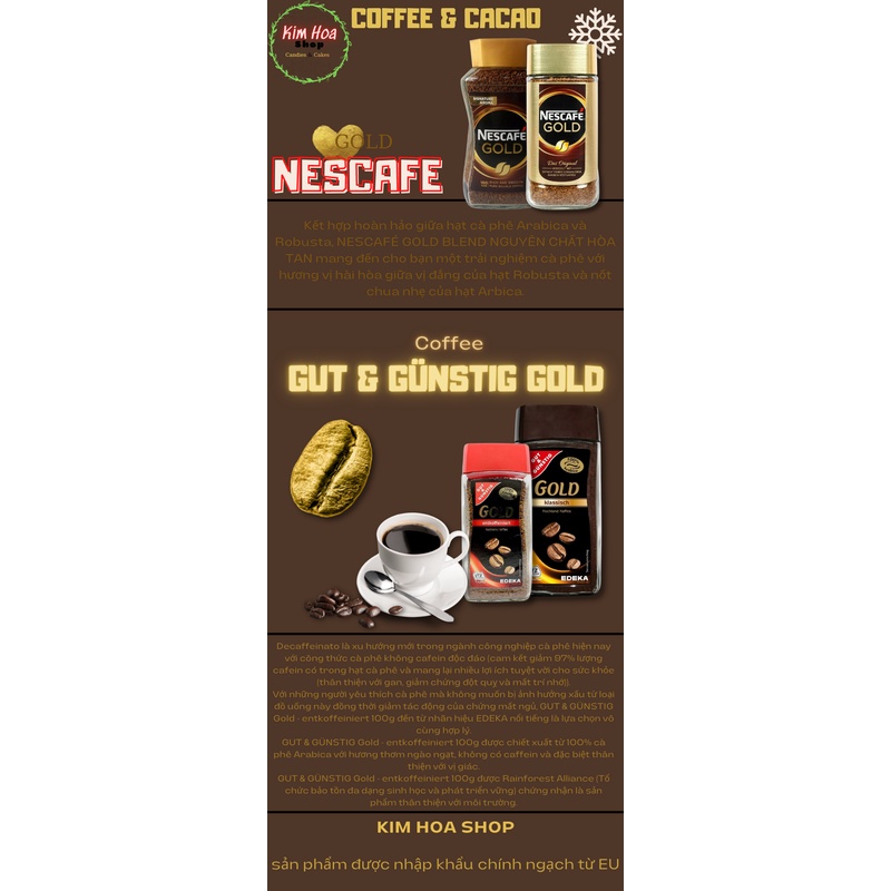 Cà Phê hòa tan NESCAFE GOLD & Cà Phê hòa tan đã khử CAFEIN GUT & GÜNSTIG GOLD & Bột CACAO NESQUIK -UCC- MADE IN GERMANY