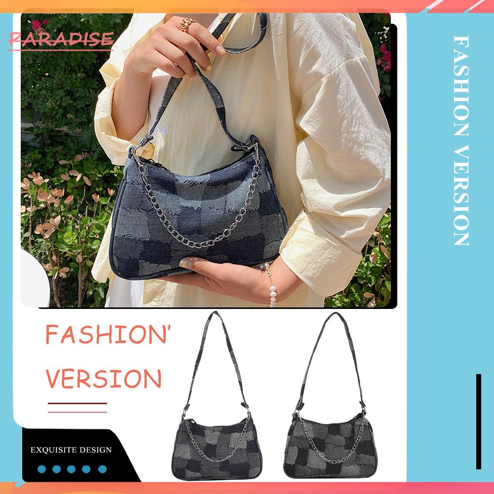 Túi xách denim phối màu tương phản dây quai xích thời trang cho nữ