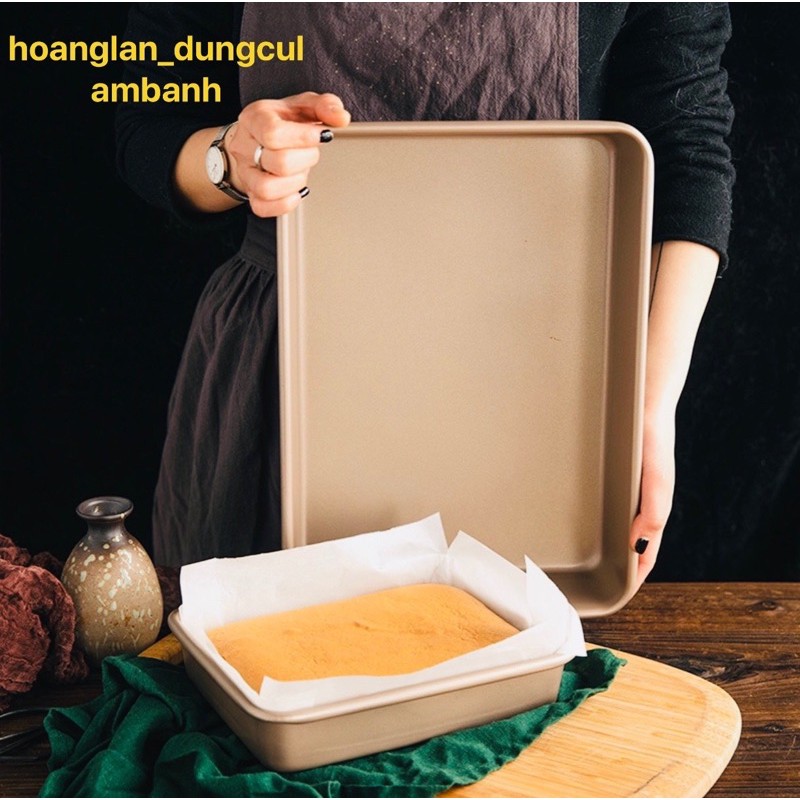 Khay, khuôn nướng bánh hình chữ nhật chống dính sâu lòng màu vàng( Hàng cao cấp) 28*23*5cm