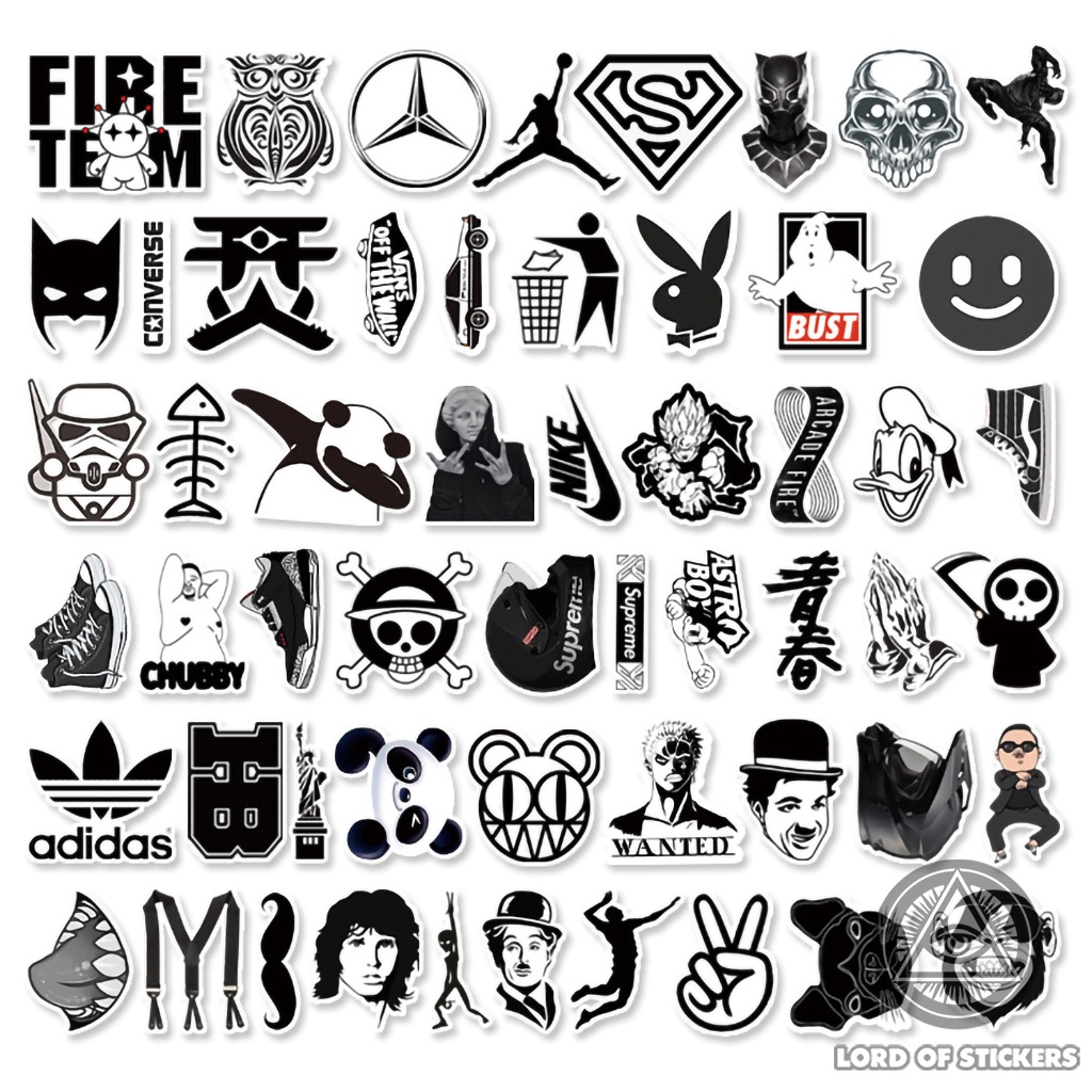 Set 55 Hình Dán Graffiti Brand Logo Sticker Thương Hiệu Đen Trắng Chống Thấm Nước Trang Trí Mũ Bảo Hiểm, Ván Trượt, Xe