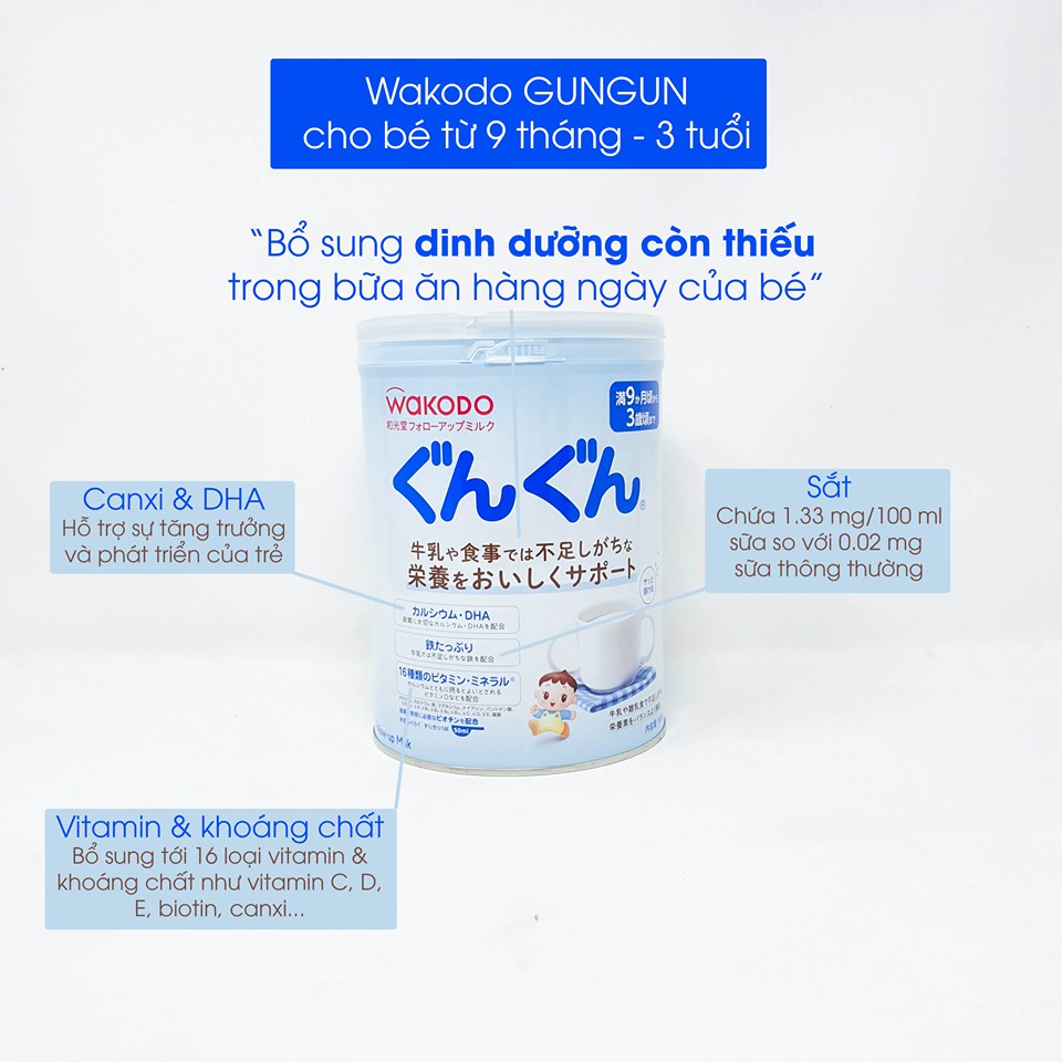 COMBO 2 lon sữa WAKODO GunGun nội địa Nhật 830g | Sữa bột Wakodo số 9 dinh dưỡng cân bằng, ngừa táo bón