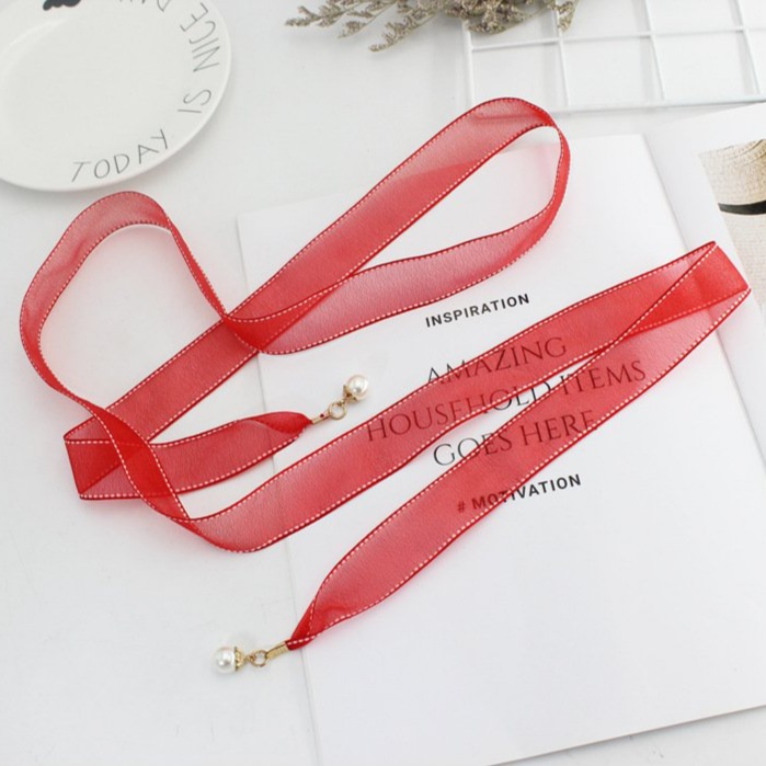 Dây thắt lưng vải voan thêu viền gắn ngọc, đai váy nữ thắt nơ thanh lịch