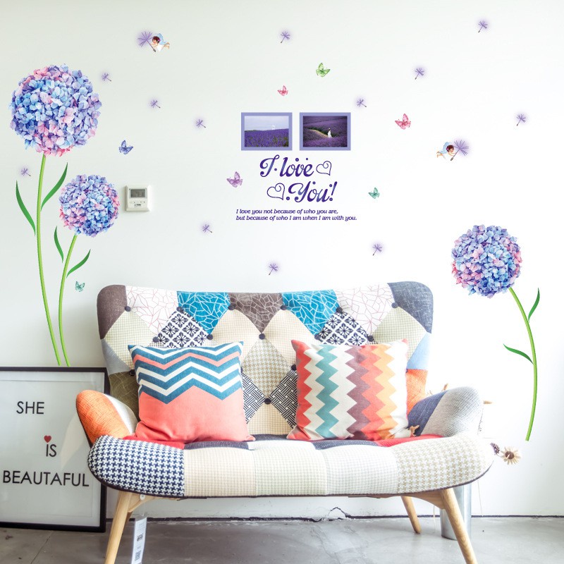 Decal Dán Tường chi tiết hoa Cẩm Tú Cầu xanh tím