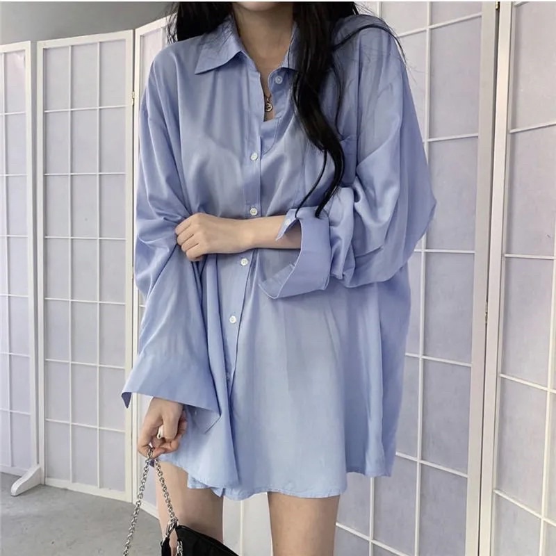 Áo Sơ Mi Nữ Màu Trắng Màu Xanh Basic Cổ Sơ Mi Dài Tay Cài Cúc Phom Rộng Chất Sơ Mi Lụa Hàn Thấm Mồ Hôi Không Nóng