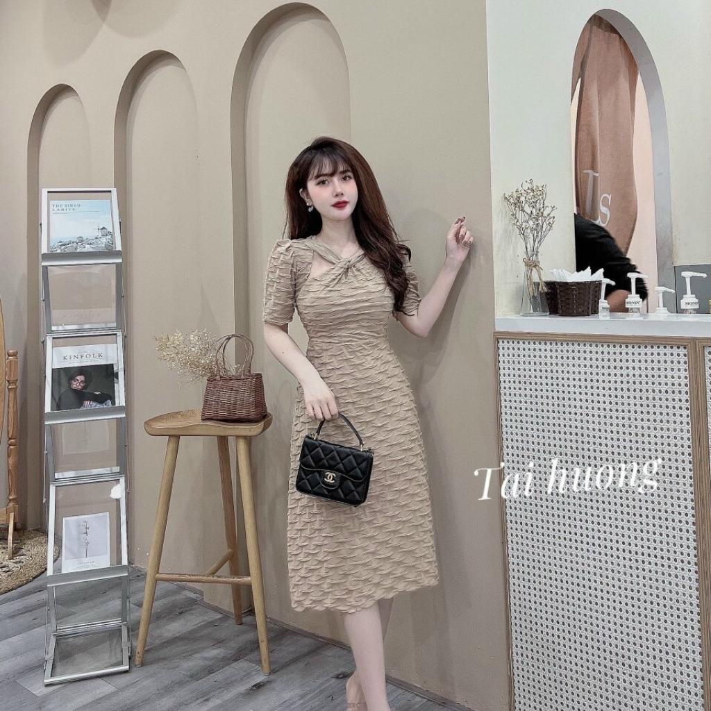 Váy nữ thiết kế cổ chéo đầm dự tiệc tay bồng trẻ trung xinh đẹp HN Clothing V51