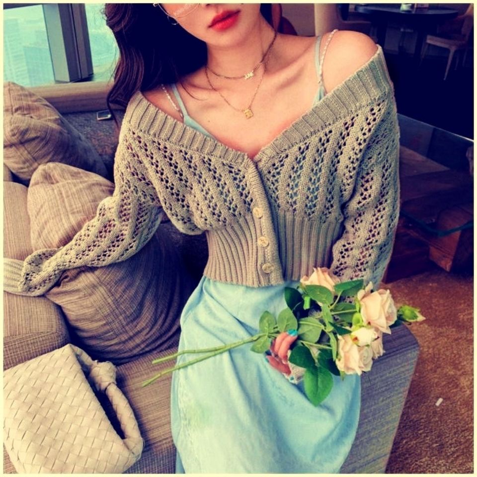 Knitted Jacket Fashion Thick Needle Casual All Spring and Autumn Hollow Hole Hollow Cardigan Women's Knitwear Sexy Short Tops