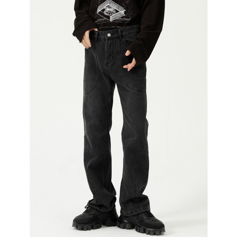 Quần jeans đen wash ống loe nam basic phong cách retro, punk, urban streetwear