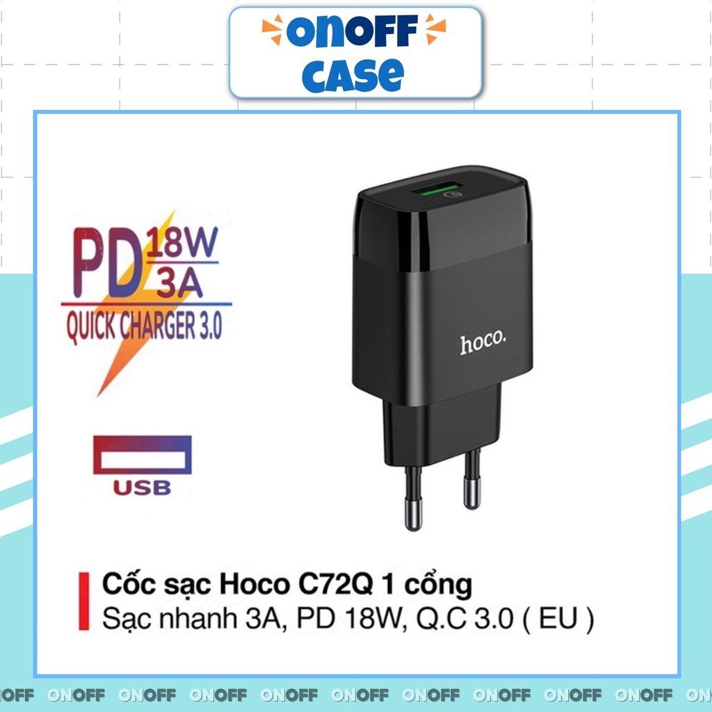 Củ Sạc Nhanh Hoco C72Q ,1 Cổng UBS Sạc Nhanh 3A, PD 18W, Tương Thích Với Nhiều Thiết Bị - Hàng Chính Hãng( BH 12 Tháng )