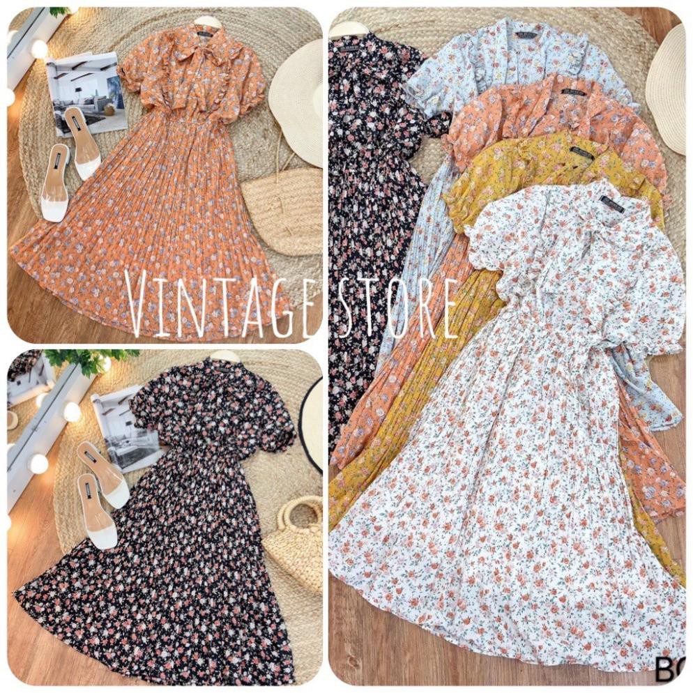 Đầm Maxi hoa, xếp li cách điệu, phối cổ nơ xinh xắn, vô cùng nữ tính VINTAGE STORE Đẹp !