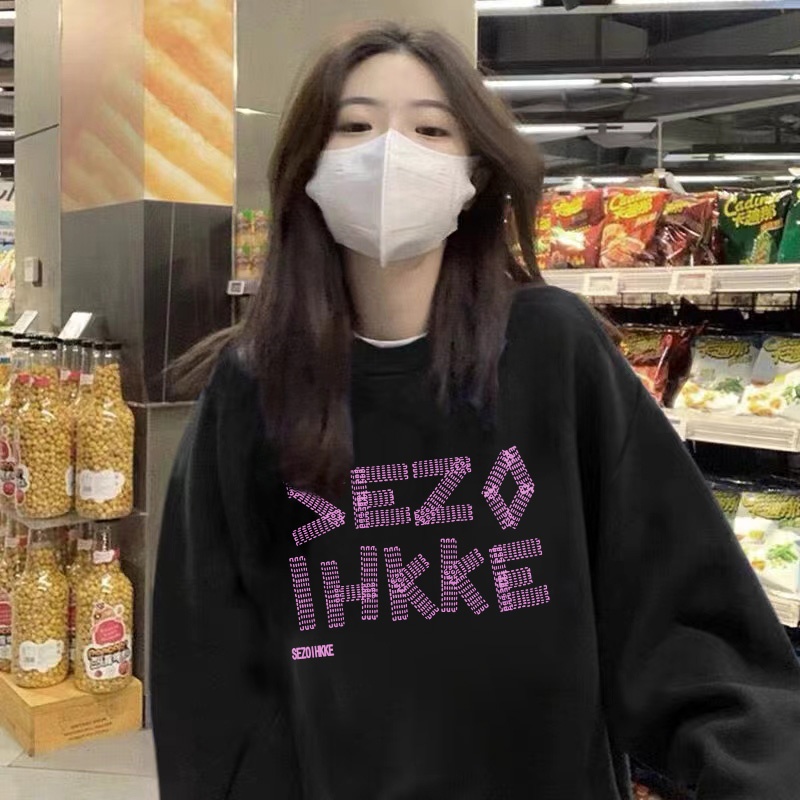 Áo hoodie Ihkke cổ tròn dáng rộng in chữ thời trang Hàn Quốc