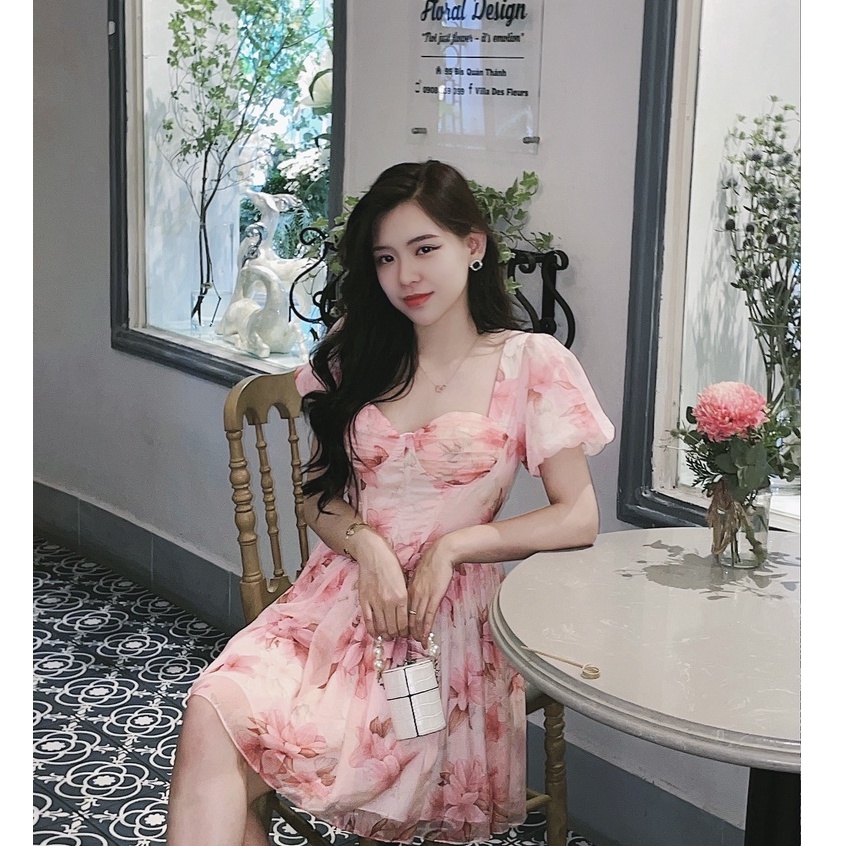 Đầm cúp ngực YUNA  dáng xòe ngắn  tay phồng siêu xinh hoa màu hồng dễ thương, thời trang thiết kế YUNA