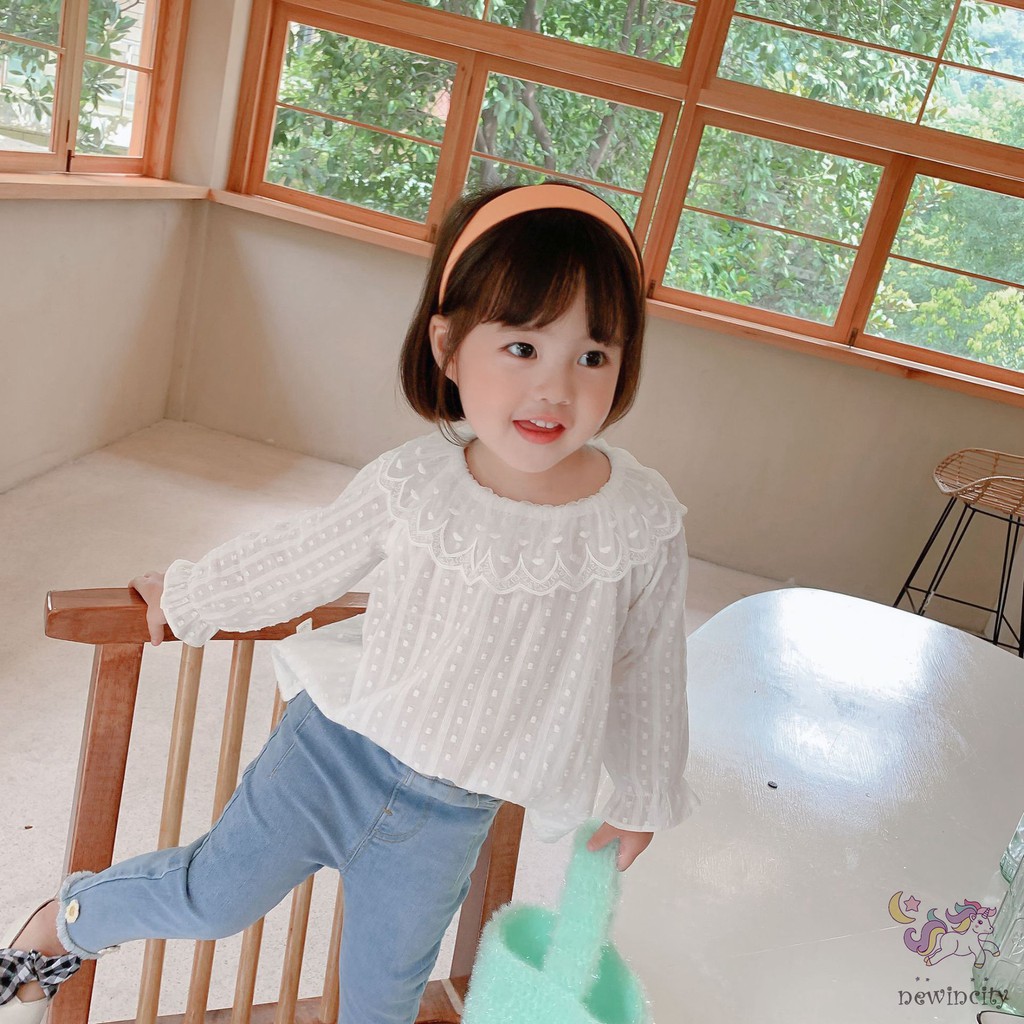 Áo sơ mi dai tay phối ren phong cách Hàn Quốc thời trang xinh xắn cho bé gái