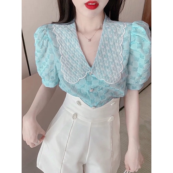 SET ÁO Ô NHÍ XANH CỔ REN + QUẦN SHORT TRẮNG